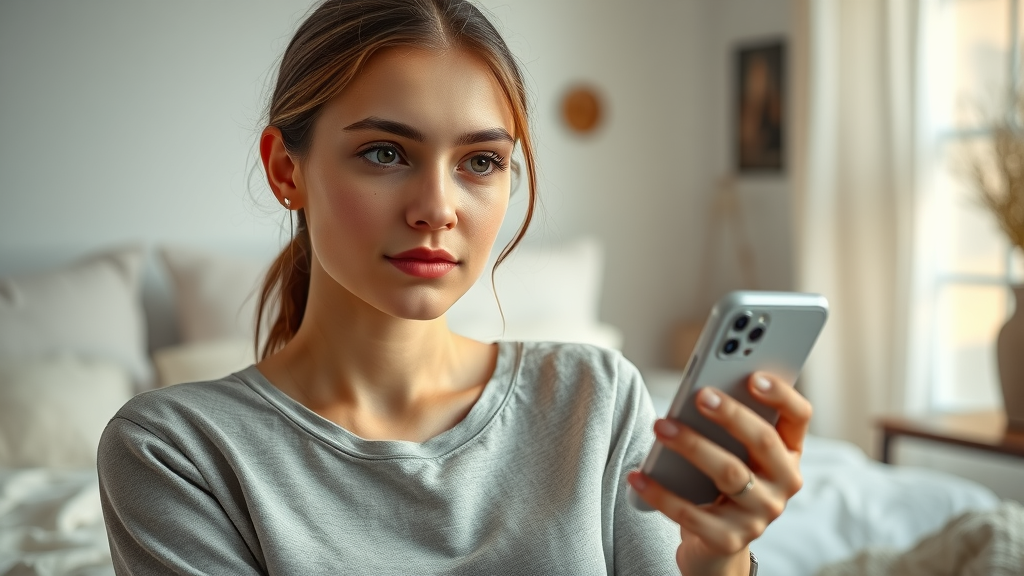 Patient seeking plastic surgery telehealth consult from comfortable home setting.