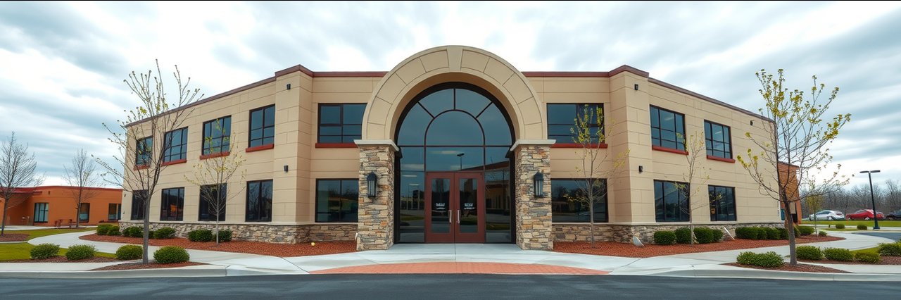 Modern clinic building of board certified surgeons with stone and glass entry