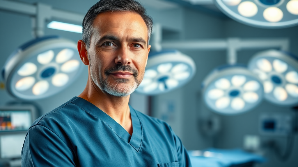 Board certified surgeon in modern operating room, highlighting expertise and precision.