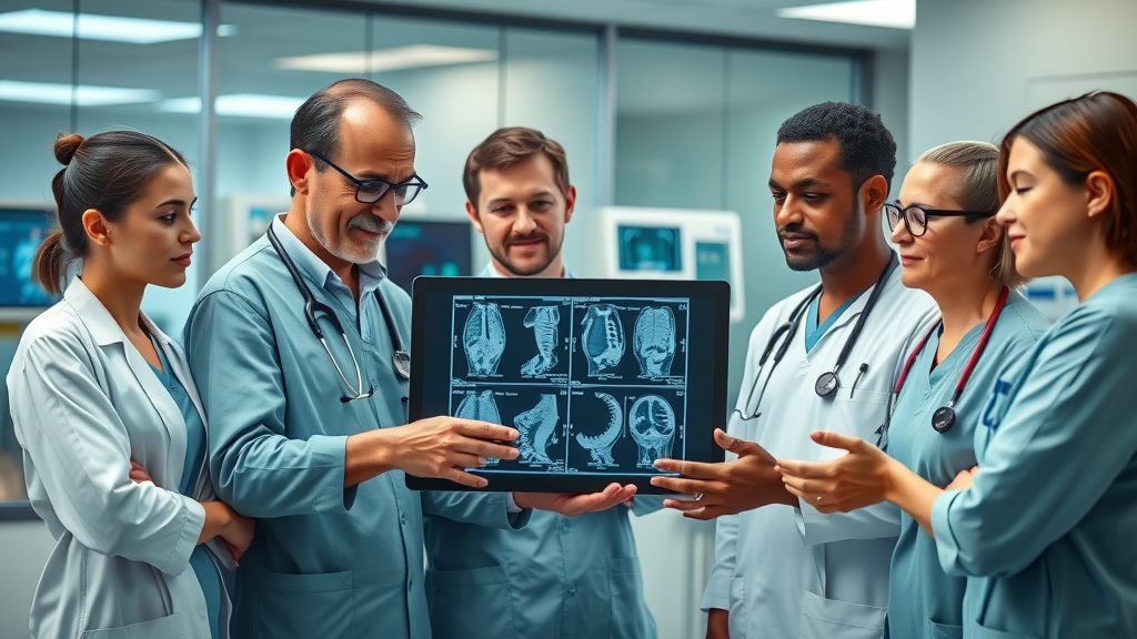 Team of board certified surgeons reviewing scans, symbolizing patient-focused expertise.