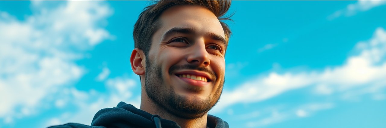 Young man outdoors under blue sky, med spa treatments utah serene look