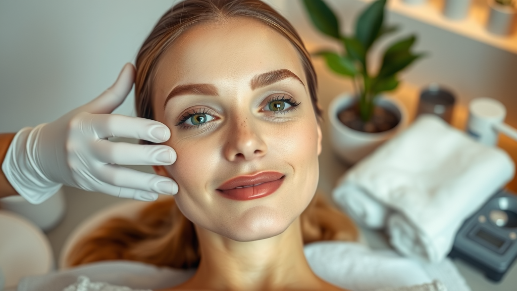 Radiant woman receiving med spa treatments Utah in modern elegant clinic.