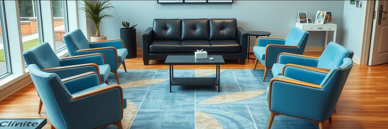 Modern waiting room with blue chairs and soft decor at cosmetic injectables clinic.