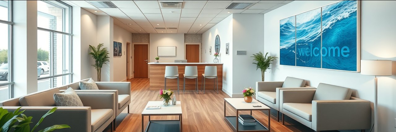 Modern clinic waiting room for weight loss programs, serene and inviting design.