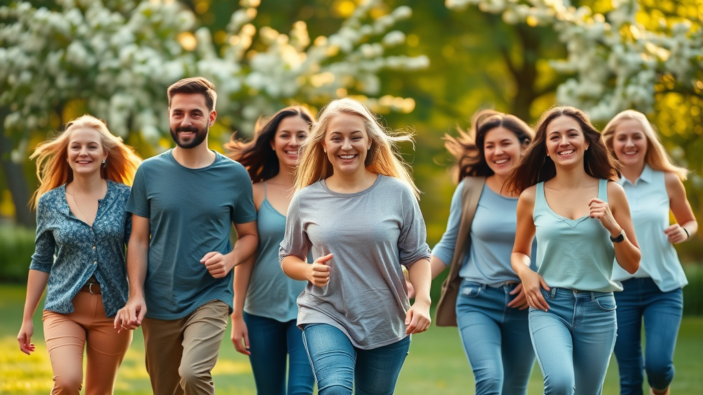 Happy diverse adults enjoying sustainable weight loss programs outdoors