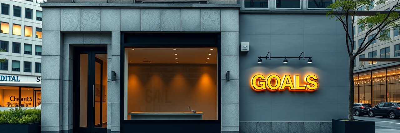 Flexsculpt body contouring clinic building exterior and illuminated GOALS sign.