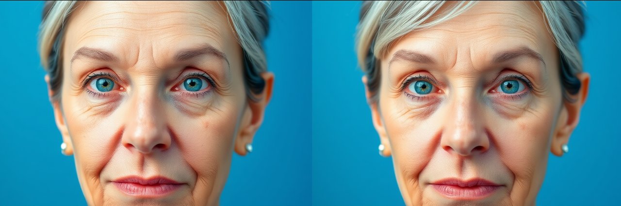 Before and after blepharoplasty eyelid lift results on middle-aged woman, close-up.