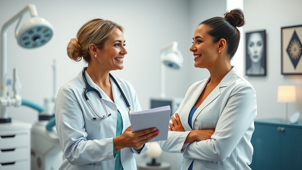 Female surgeon advising patient on mommy makeover procedures in clinic