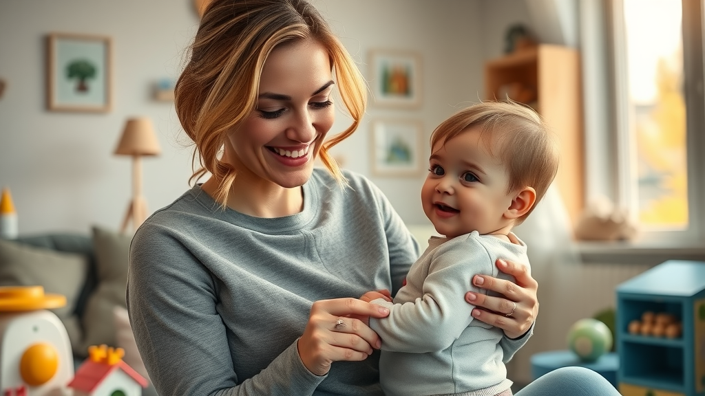 Happy mother after mommy makeover procedures playing with child in living room