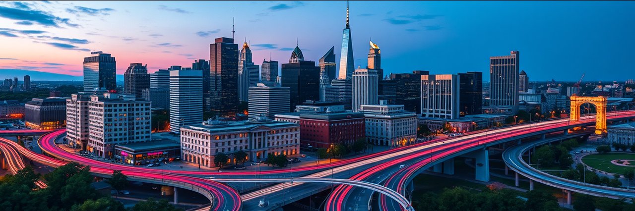 Downtown city skyline at dusk with vibrant lights and highways - med spa laser services