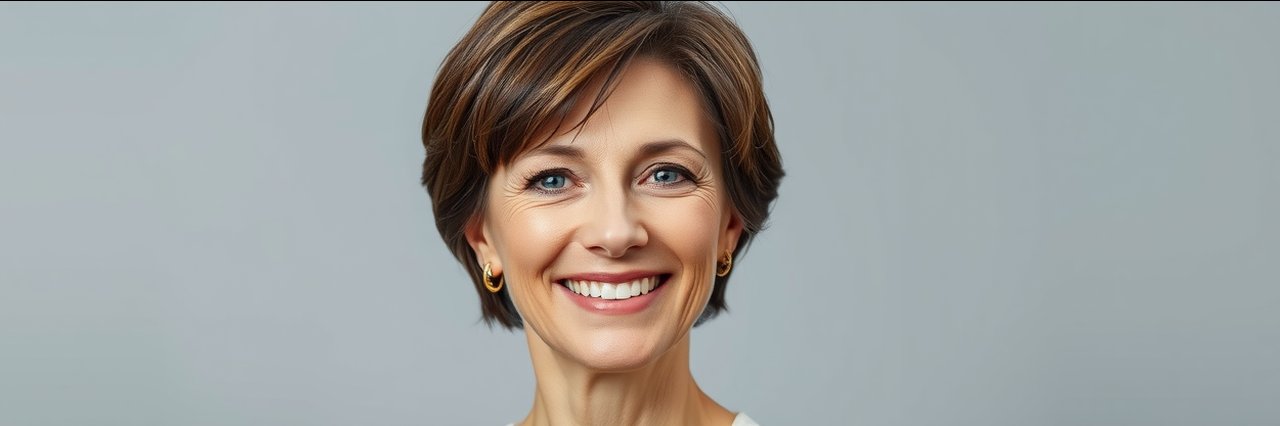 Confident woman smiling in professional studio, breast plastic surgery concept