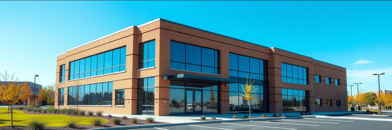 Modern cosmetic procedures clinic with brick and glass exterior under blue sky