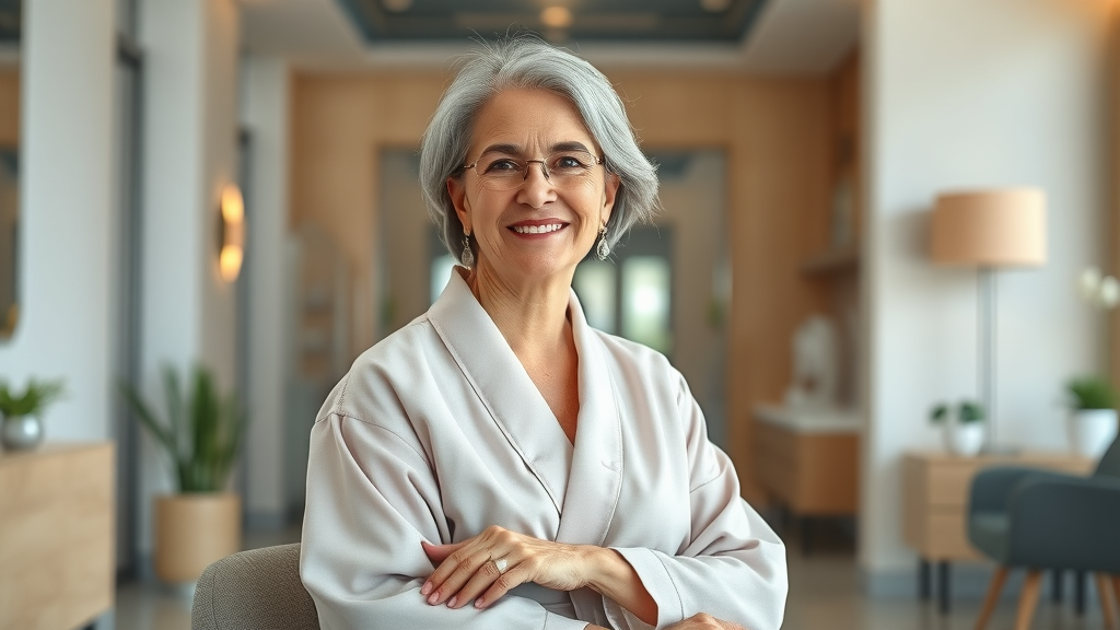Confident woman in luxury clinic after cosmetic procedures, serene and elegant.
