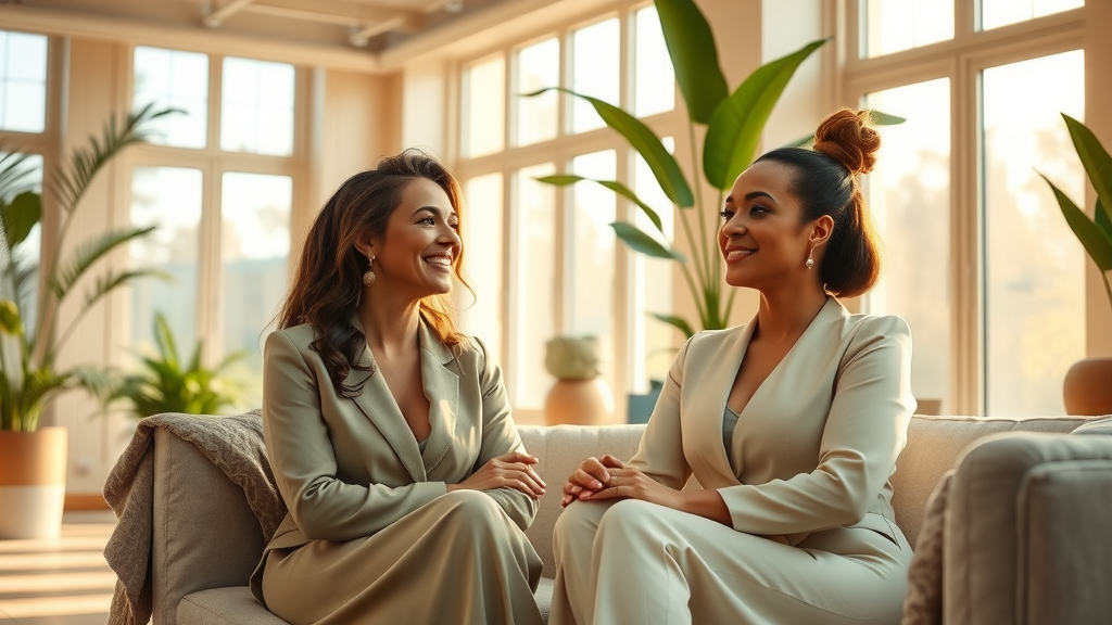Stylish women relaxing in bright cosmetic clinic waiting room, inviting atmosphere.