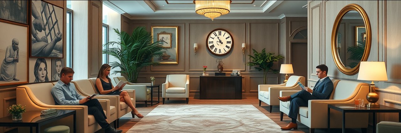 Elegant clinic waiting room for breast augmentation procedures with neutral modern decor.