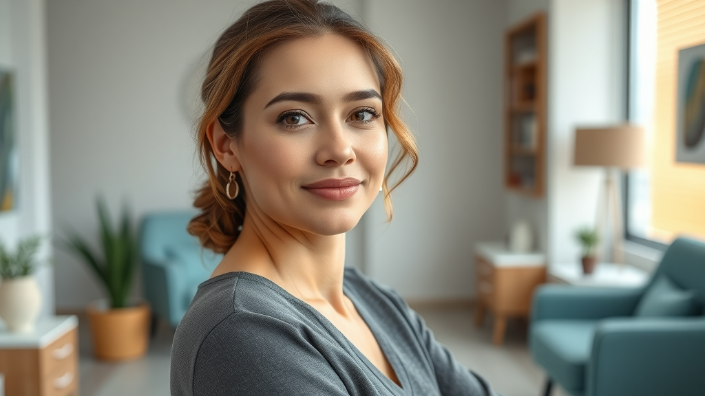 Confident woman at breast augmentation consultation in modern clinic environment.