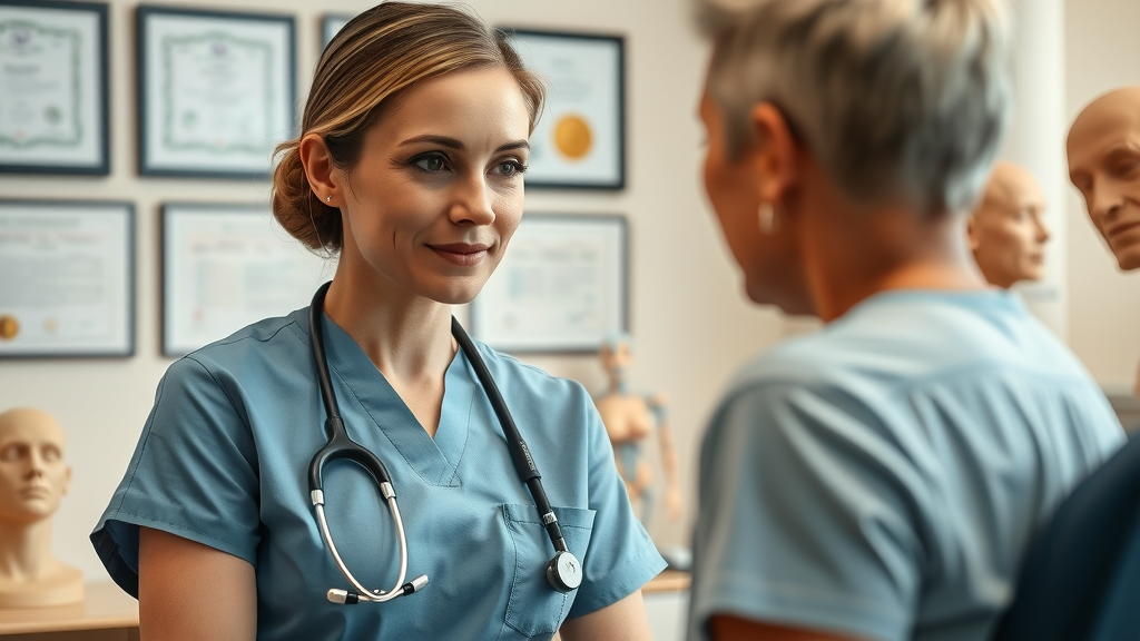 Plastic surgeon discusses breast augmentation procedures with patient in clinic.