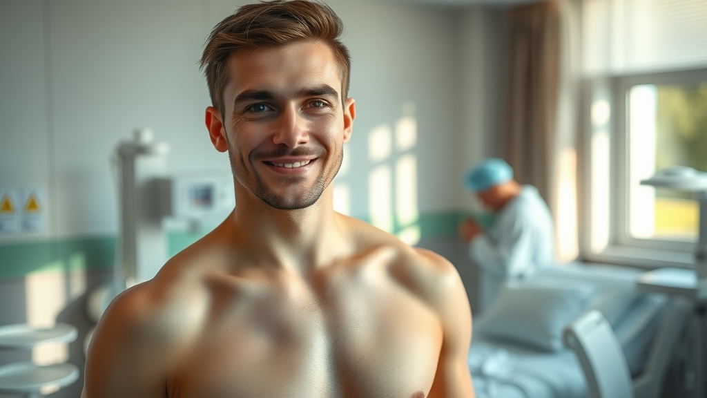 Trans man recovering confidently after gender-affirming surgery, serene in clinic