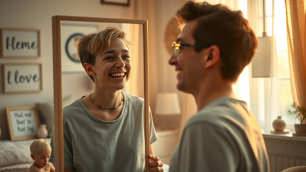Non-binary individual joyfully embracing reflection after gender-affirming surgery