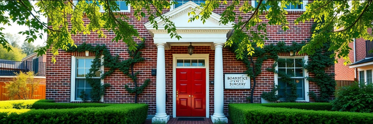 Professional office for board-certified plastic surgery with brick façade and red door