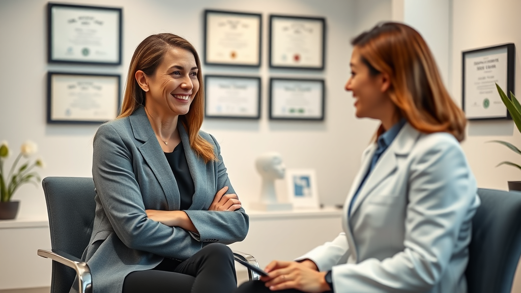 Board-certified plastic surgeon consulting patient in supportive clinic setting.