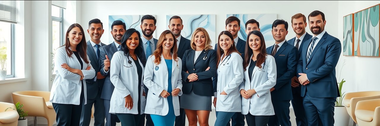 Professional team portrait in modern clinic for non surgical treatments