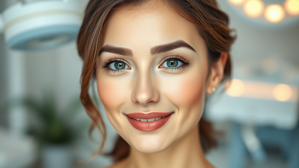 Confident woman after facial cosmetic surgery in soothing clinic environment