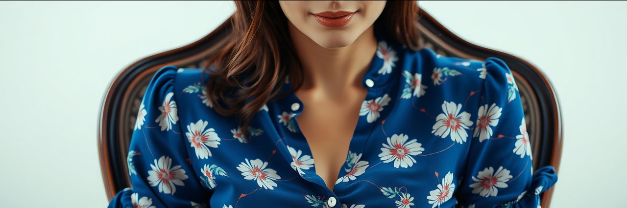 Close-up portrait of woman in blue floral blouse after nose surgery rhinoplasty.