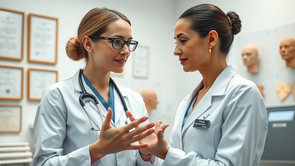 Expert female surgeon explains nose surgery rhinoplasty details to patient.