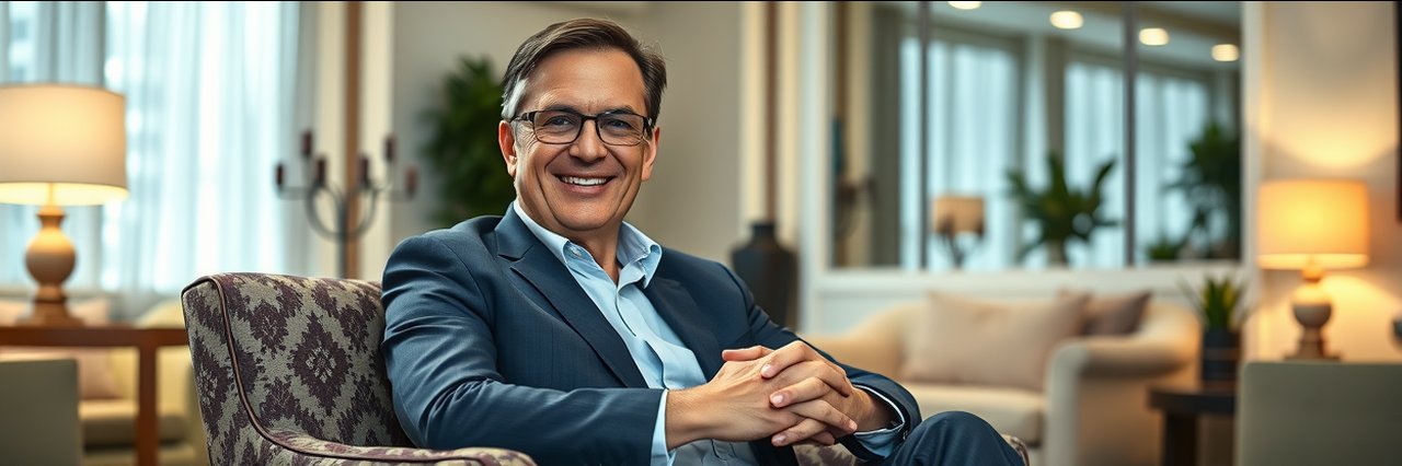 Cosmetic plastic surgery professional seated in clinic lounge, smiling confidently.