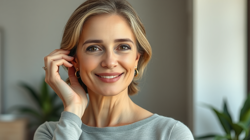 Confident woman after cosmetic plastic surgery in a serene modern setting