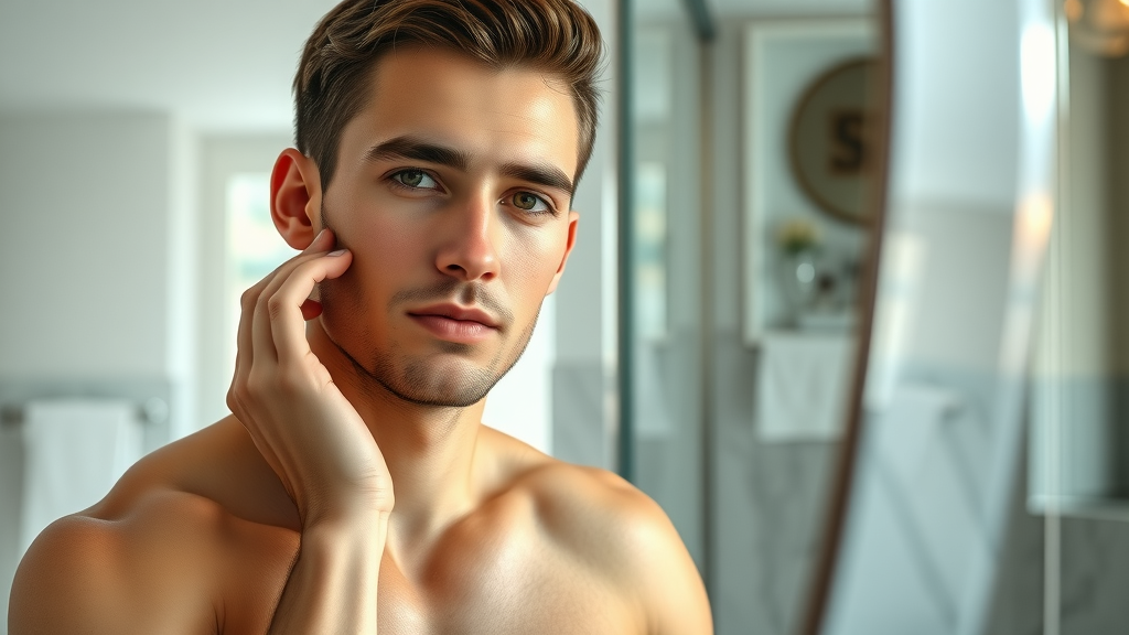 Young man admires results of cosmetic plastic surgery in elegant bathroom
