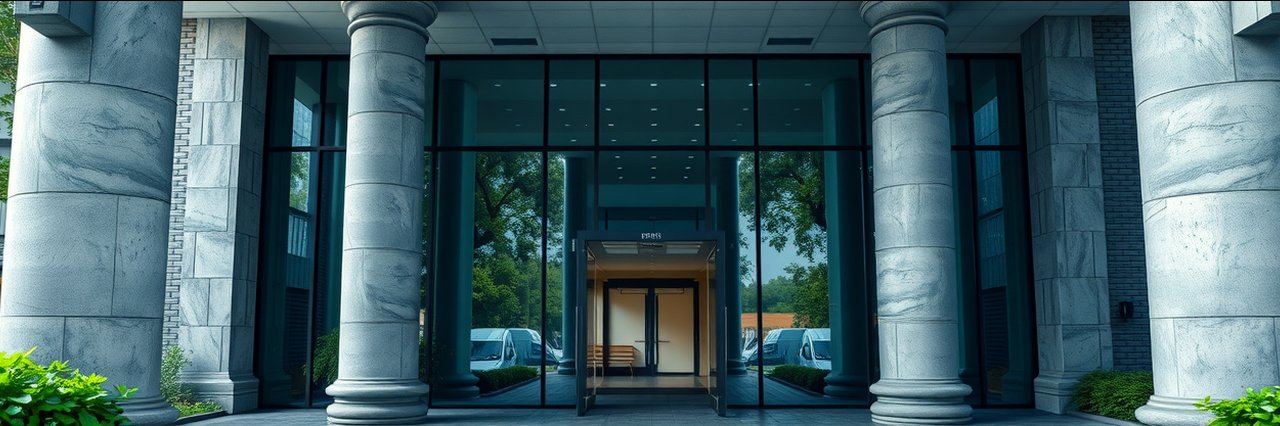 Modern reconstructive procedures clinic entrance with glass and stone columns
