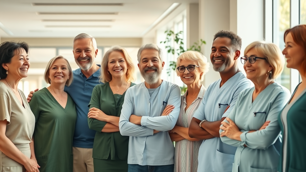 Diverse patients celebrating recovery after reconstructive procedures in sunny clinic