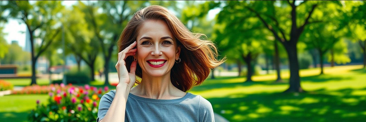 Middle-aged woman glowing after facelift procedures in Atlanta park setting