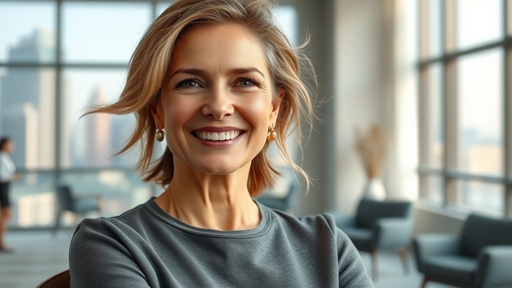 Middle-aged woman with natural facelift results in Atlanta clinic