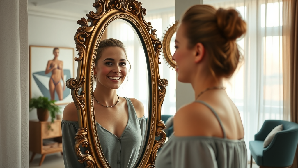 Woman after Atlanta facelift procedure admiring improved youthful reflection