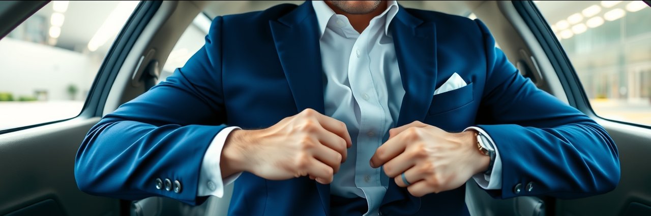Well-dressed man in blue suit adjusting belt, non-surgical aesthetic treatments style portrait.