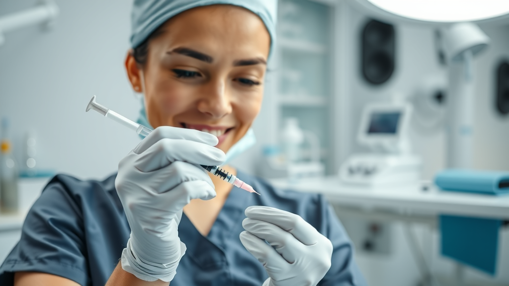 Aesthetic specialist prepares non-surgical aesthetic treatment for patient.