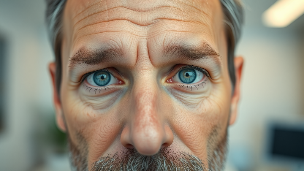 Close-up of renewed eyes after blepharoplasty eyelid lift in mature male patient.