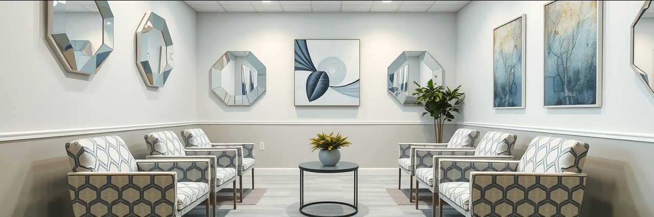 Modern waiting room for mommy makeover clinic with patterned chairs and mirrors