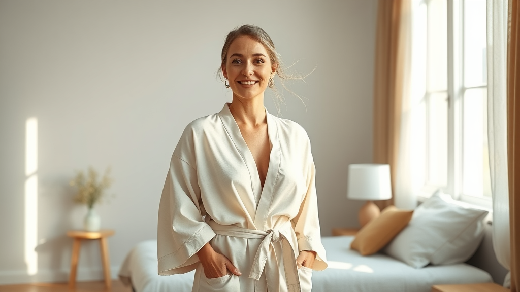 Confident mother smiling after mommy makeover in sunlit bedroom
