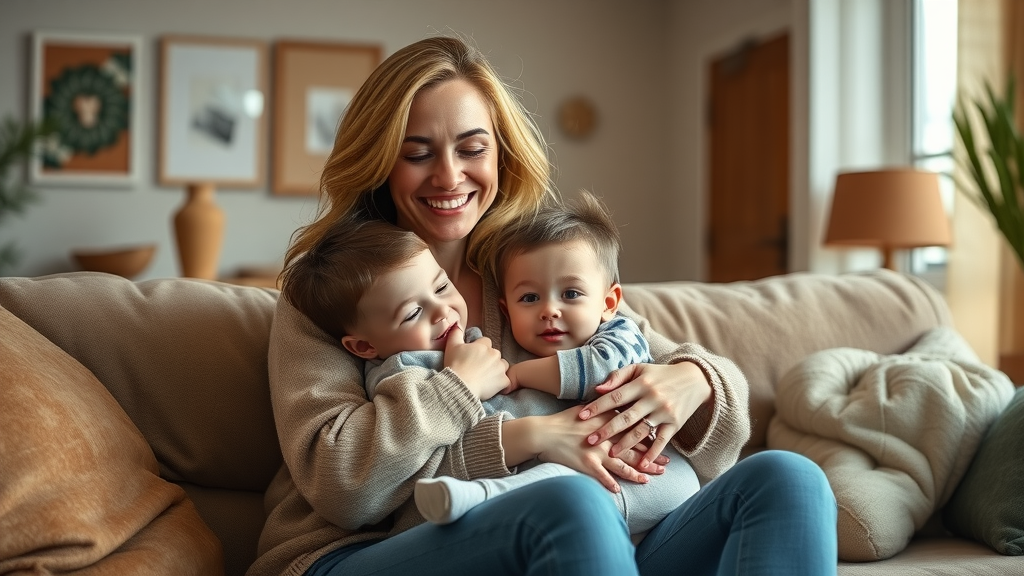 Empowered mom with children after mommy makeover in cozy living room