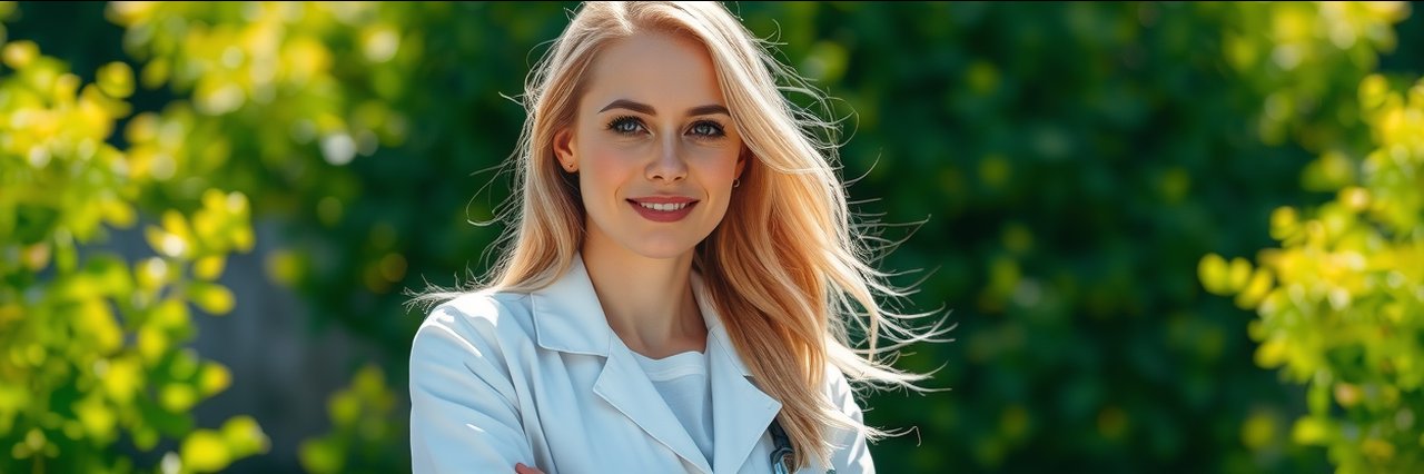 Blonde doctor in white coat offering medical spa services outdoors