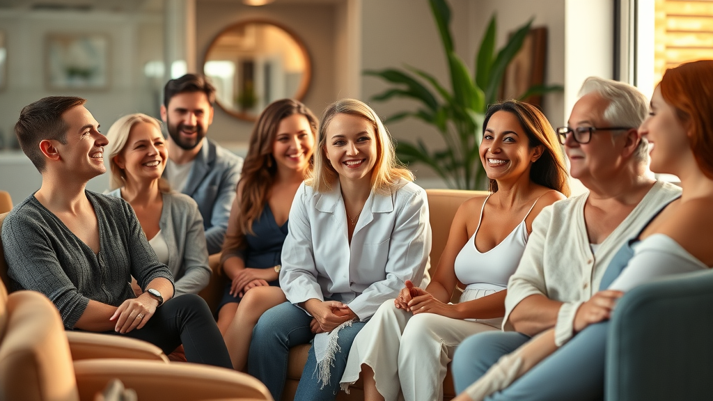 Happy clients relax after medical spa services in luxurious spa lounge
