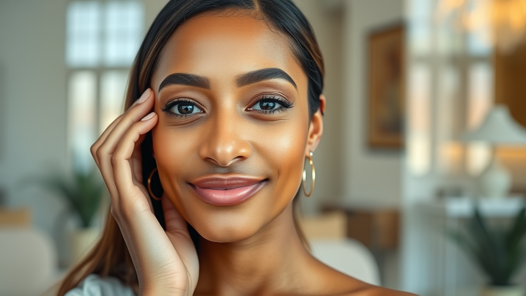 Elegant woman in consultation room reflects personalized cosmetic surgery results
