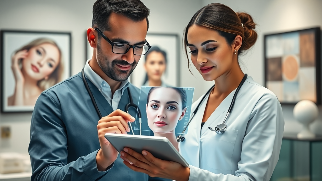 Cosmetic surgeons discuss personalized cosmetic surgery options with patient