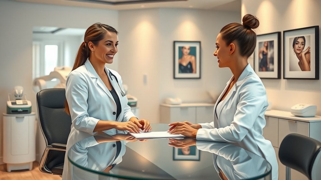 Cosmetic surgeon consulting with patient about body contouring