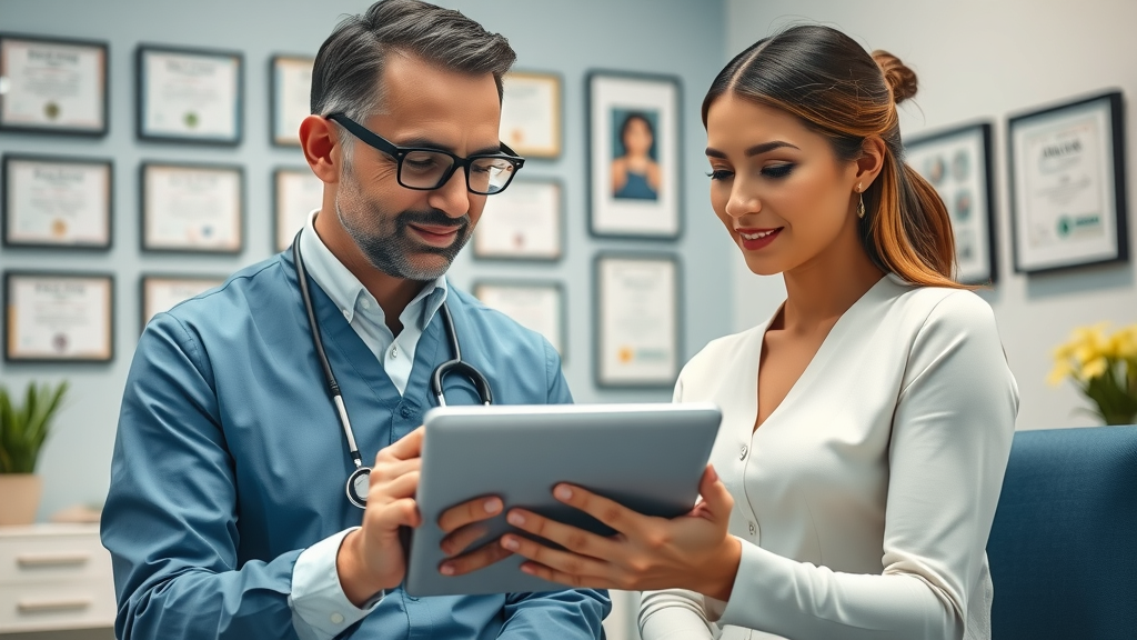 Cosmetic surgeon consulting patient about surgery options