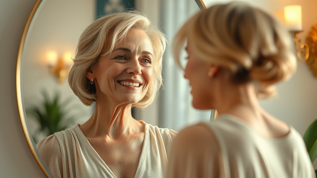 Woman admires refreshed appearance after facial cosmetic procedure